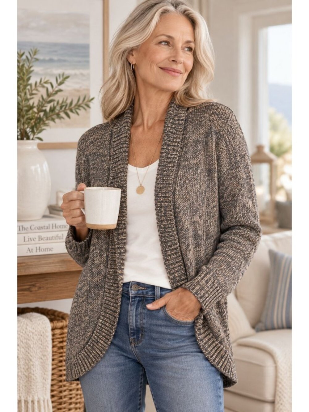 CAbi Swear By Sweater Womens S Brown Marled Cotton Cardigan Open Front #880